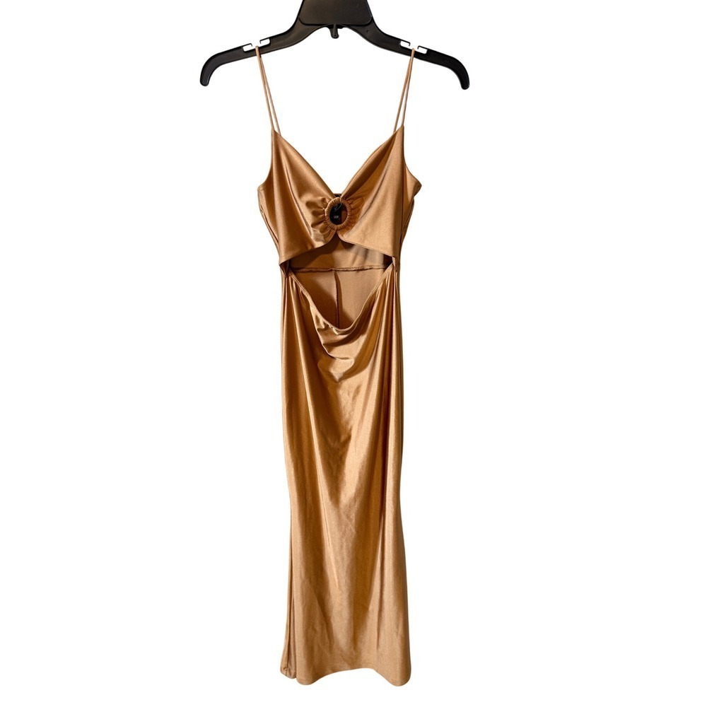 Windsor Gold Metallic Cutout O-Ring Bodycon Midi Dress Womens Spaghetti Strap